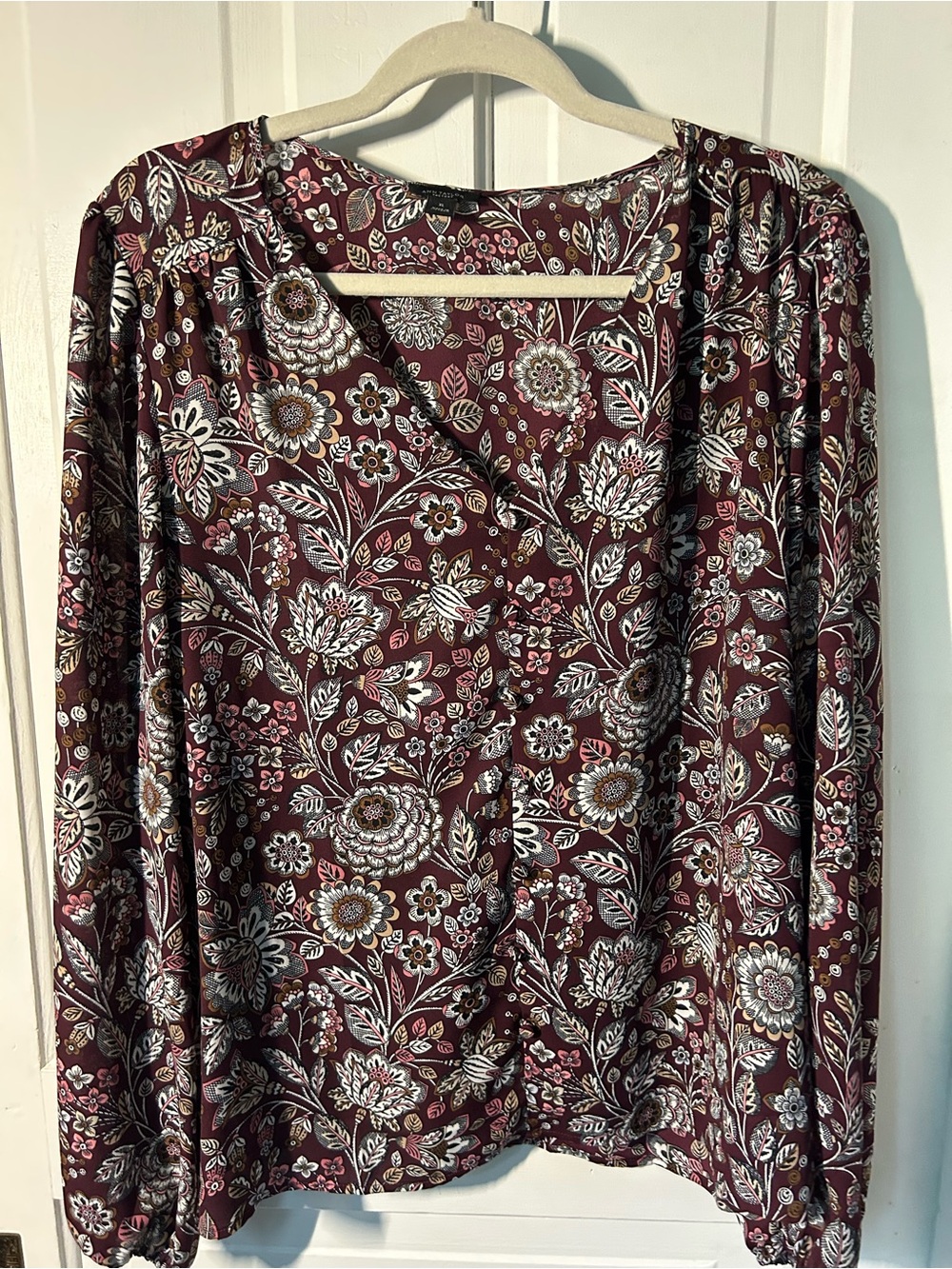 Ann Taylor Burgundy Floral Wrap-Style Blouse